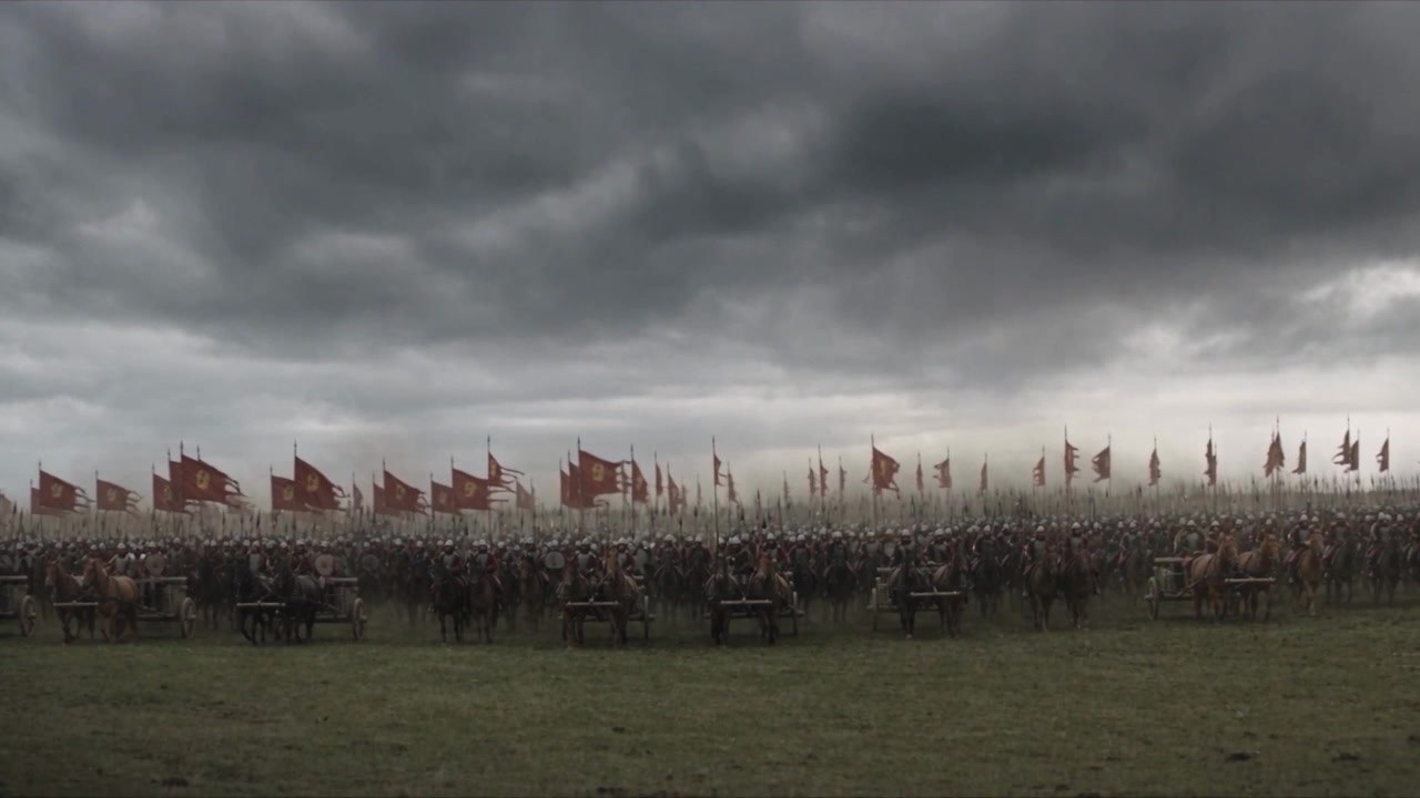 An army beneath a storm-filled sky