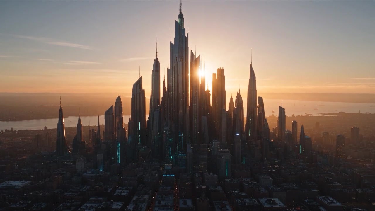 A city of towers at sunset